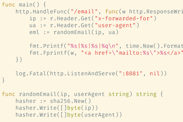 Go code showing an HTTP handler returning the result of a function called random email