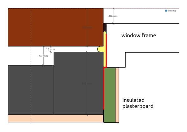 A diagram showing the cross section of the window with insulated plasterboard and airtight tape