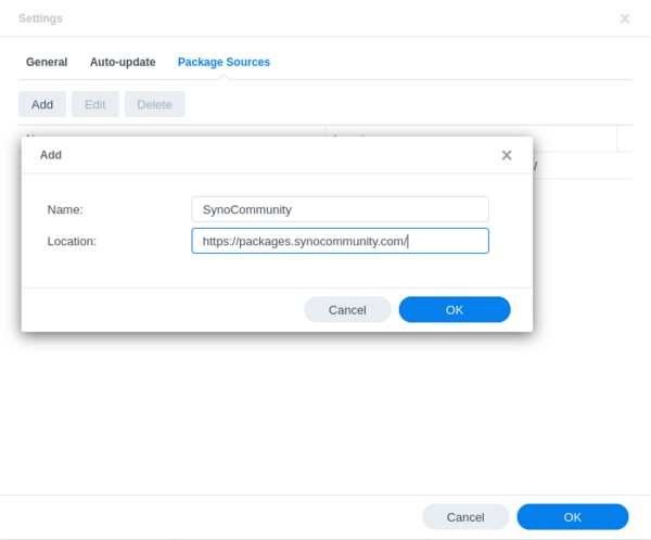 New package source dialog showing a name and location input field.