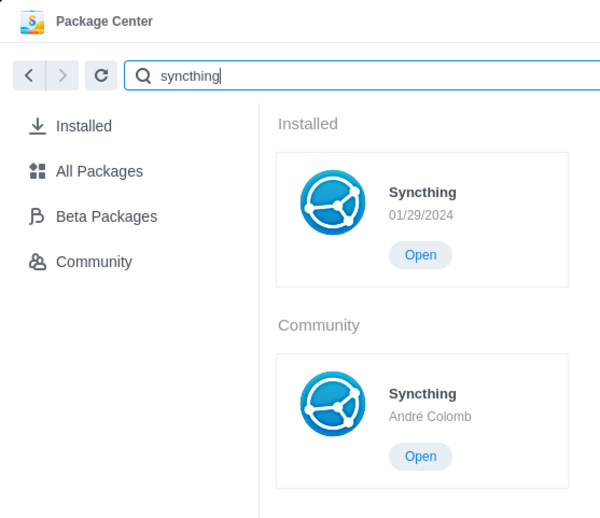 Package Center with a Community tab, a search input with Syncthing and the Syncthing icon