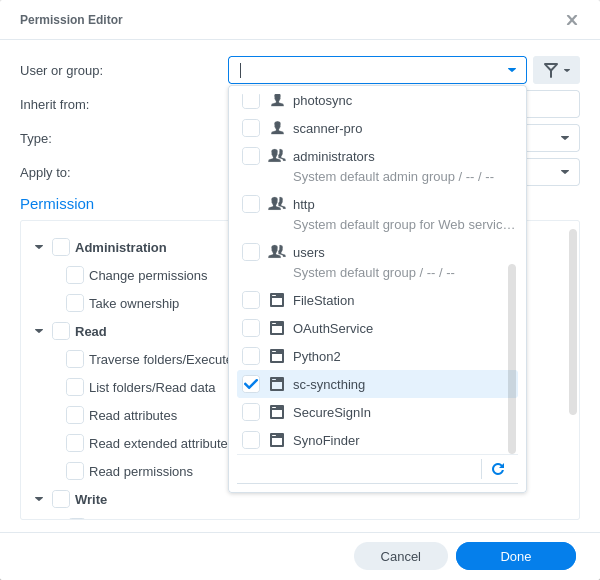 List of groups and users with sc-syncthing selected.