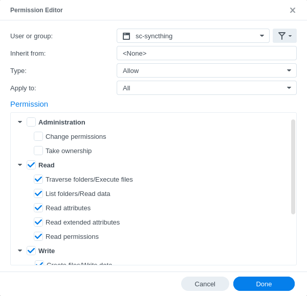 List of checkboxes. The Read and Write checkboxes are checked.