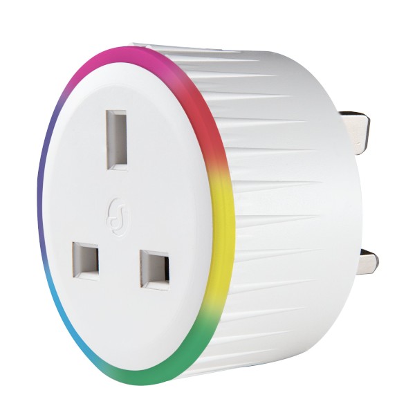 A cylindrical smart-plug with a colourful LED ring and female UK socket on the front.