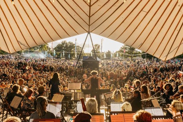 An outdoor stage with an orchestra, viewed from the back out to the audience