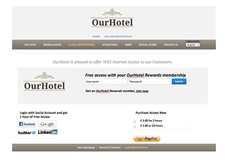 A captive portal screen for a hotel allowing you to log in with social media for an hour of free WiFi