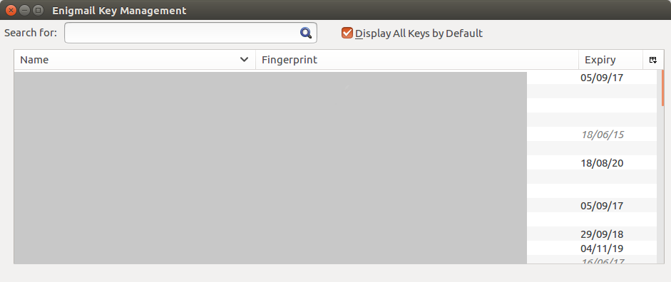 Enigmail showing fingerprint and expiry