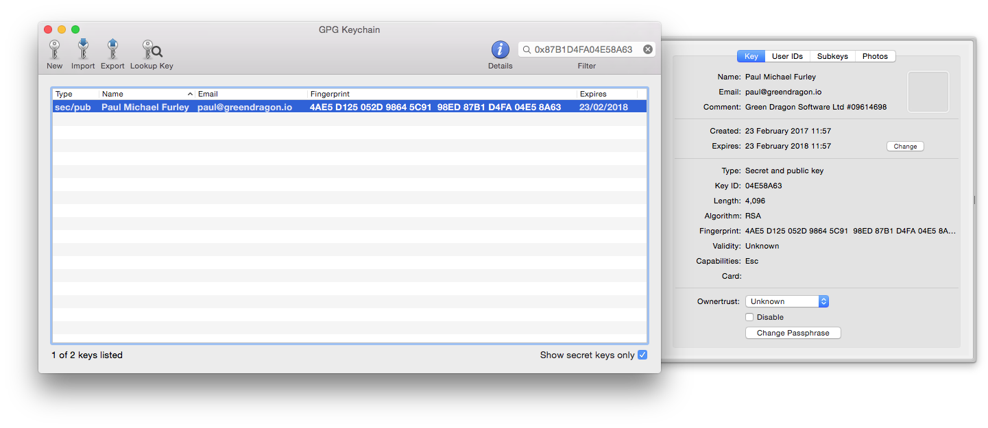 GPG Keychain showing my PGP key