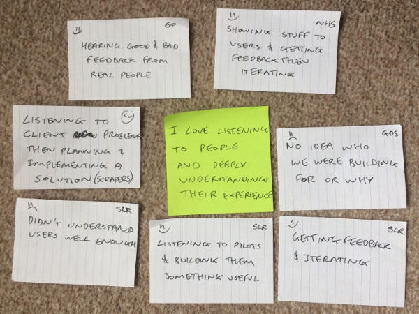 Post-it notes clustered around a statement 'I love listening to people and deeply understanding their experience'
