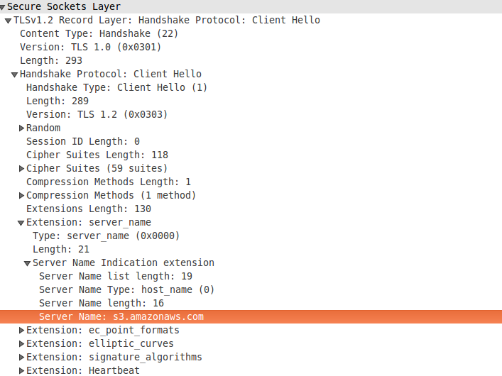 SSL/TLS Server Name Extension packet showing s3.amazonaws.com